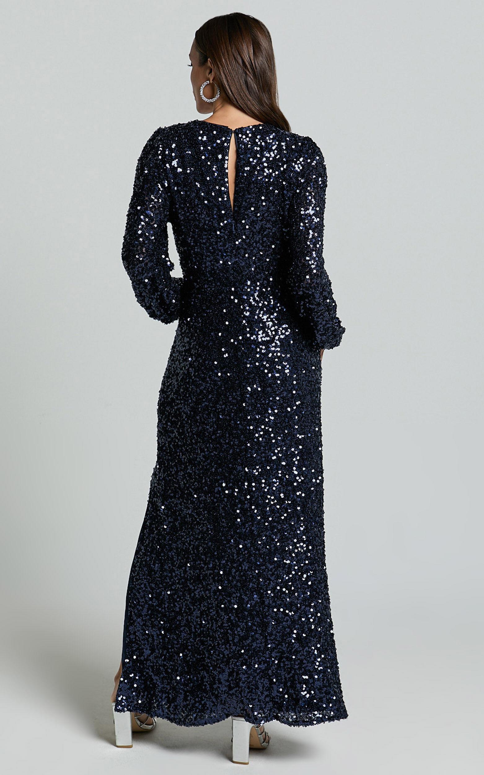 Mariella Midi Dress - Sequin Long Sleeve Thigh Split Dress in Navy Product Image