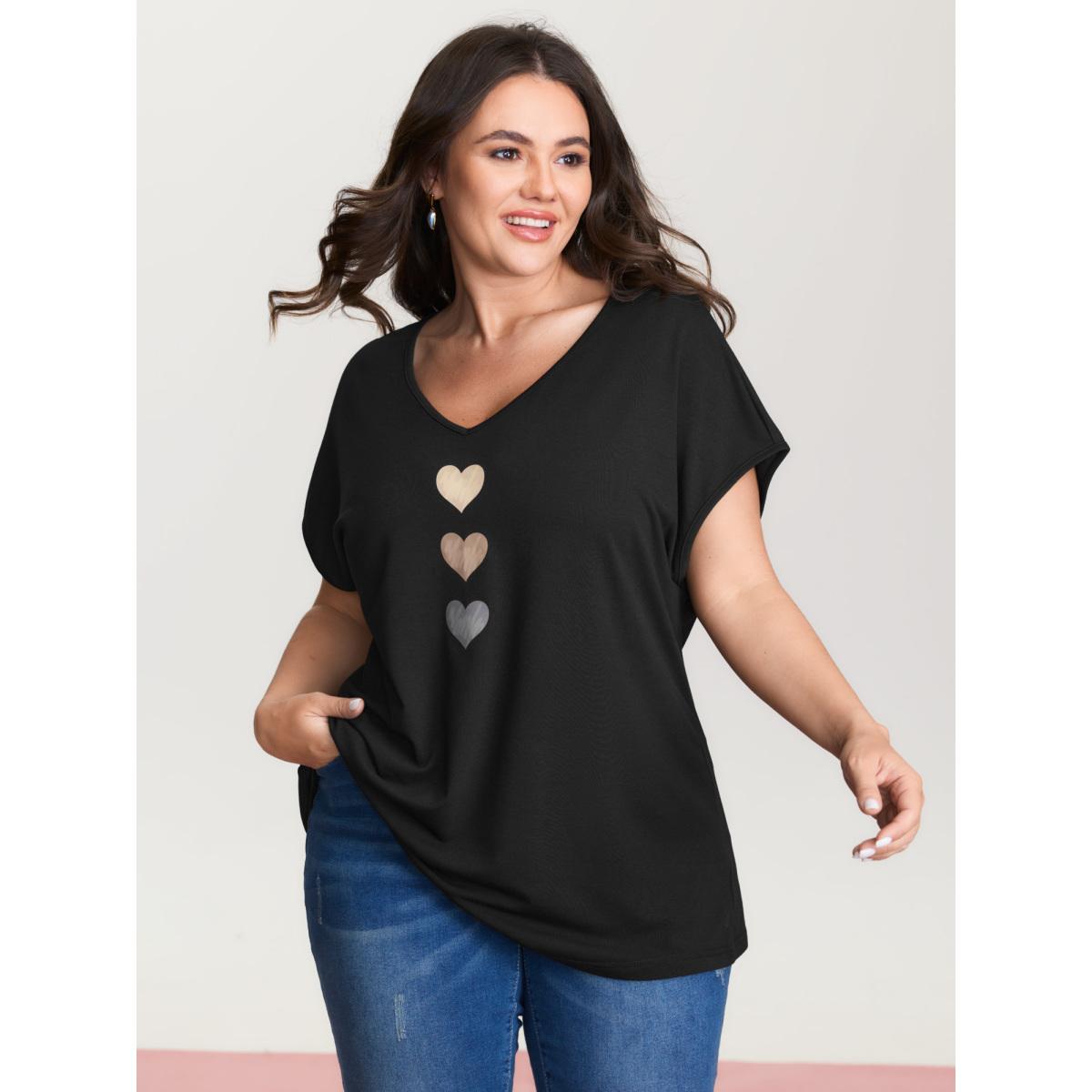 Plus Size Heart Print Stretchy Dolman Sleeve T-Shirt Black Women Leisure Non V-neck Casual T-shirts BloomChic 10/M Product Image