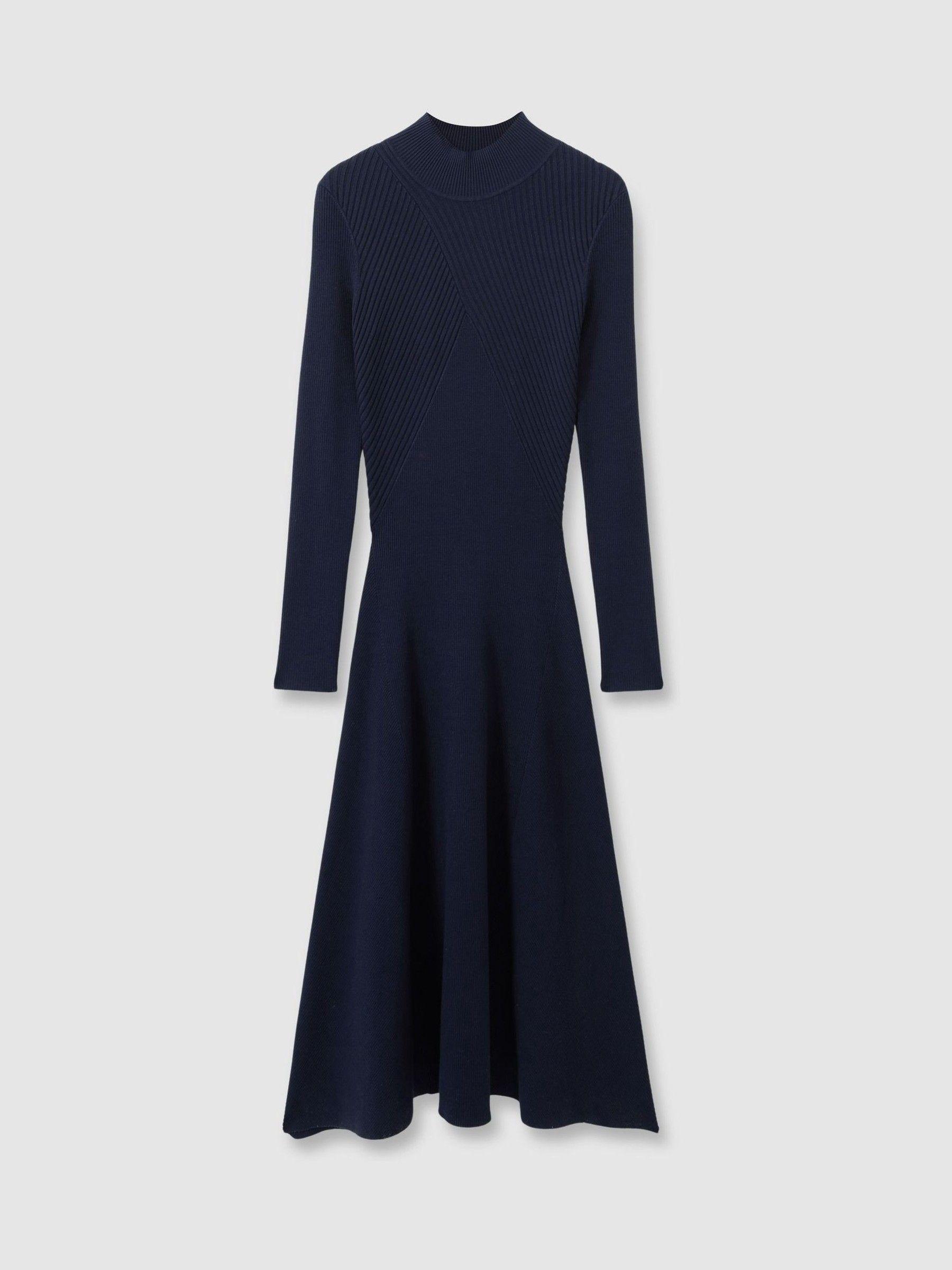 Round Neck Ribbed Midi Dress in Navy Product Image