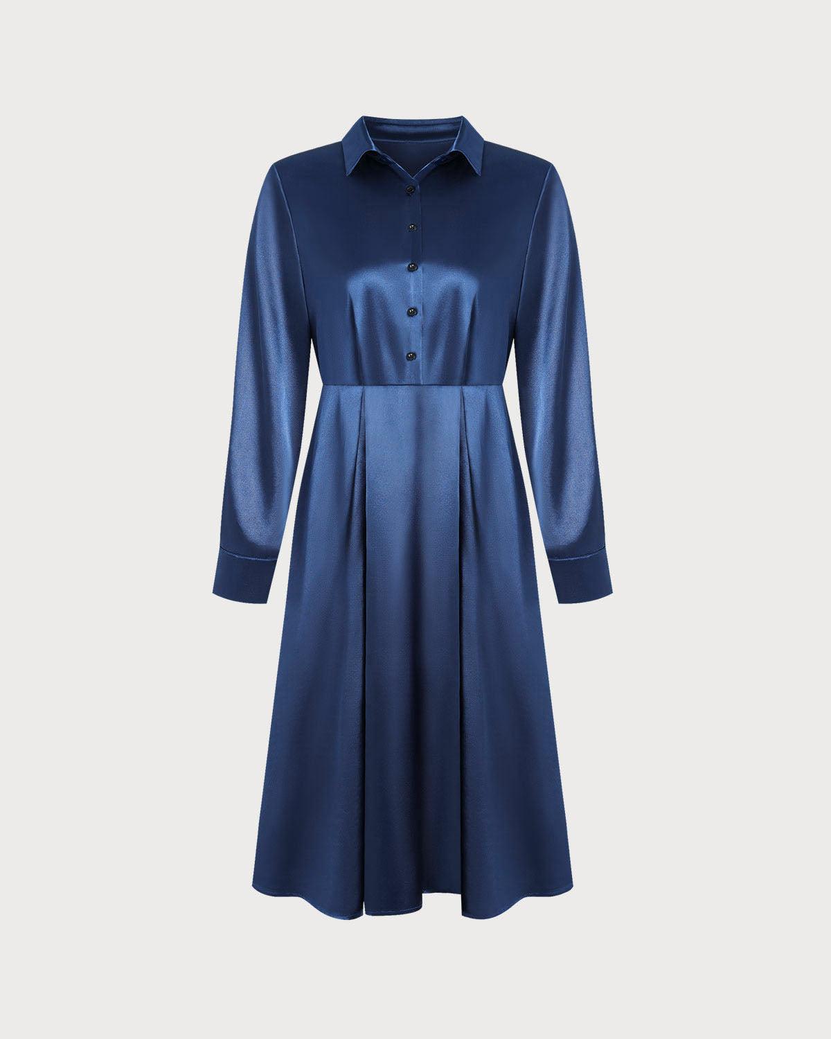 Blue Satin A-Line Button Midi Dress Product Image