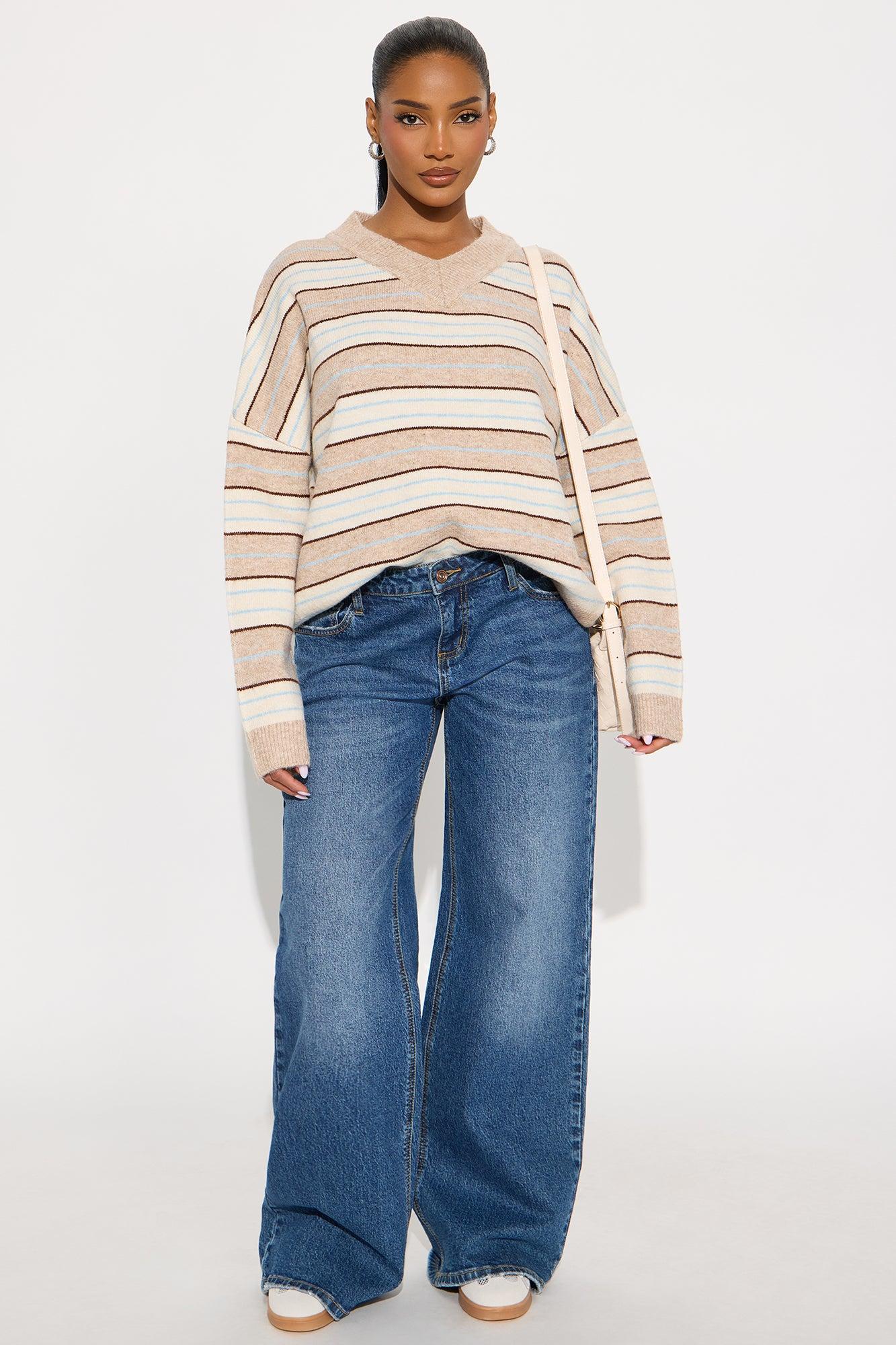 Feeling Striped V Neck Pullover Sweater - Taupe/combo Female Product Image