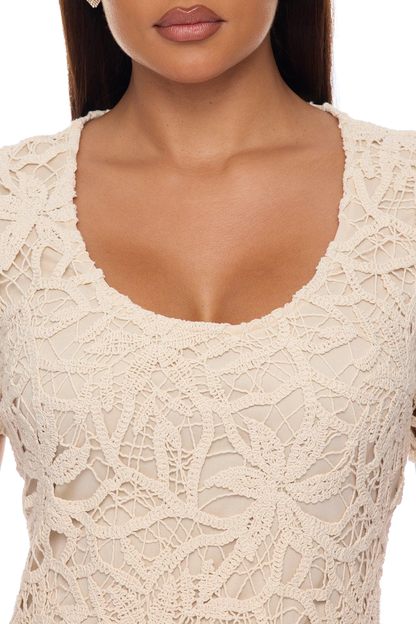 Liliana Short Sleeve Crochet Mini Dress - Sand Female Product Image
