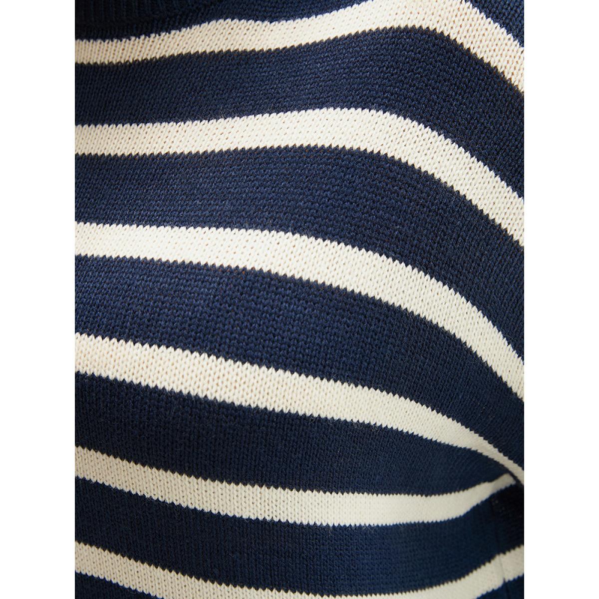 Plus Size Striped Contrast Pointelle Knit Split Hem Mock Neck Knit Top DarkBlue Women Casual Loose Long Sleeve Mock Neck Dailywear Pullovers BloomChic 26/4X Product Image