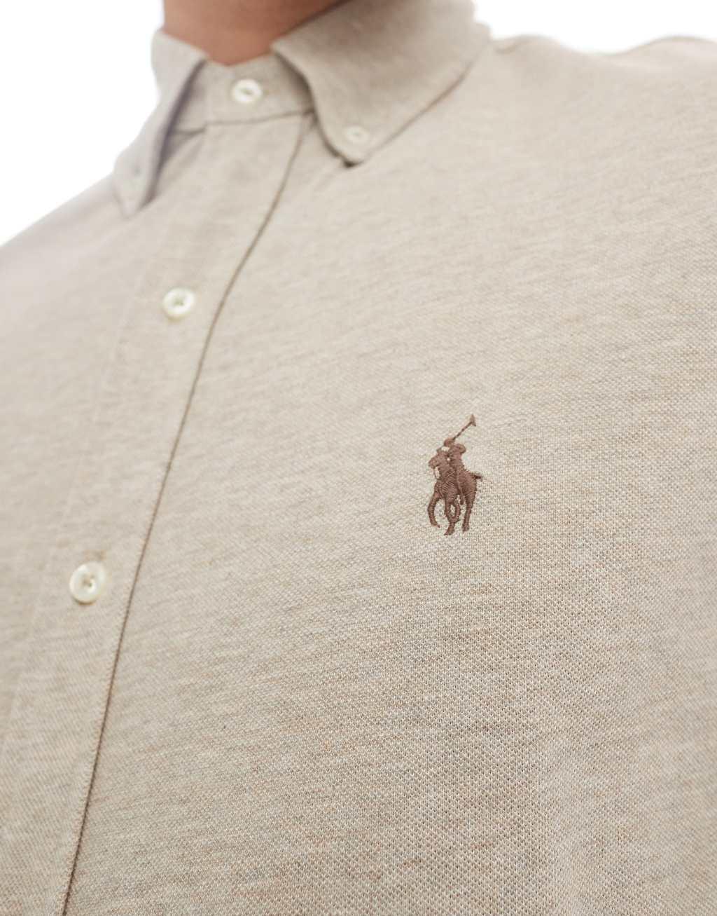 Polo Ralph Lauren icon logo short sleeve pique shirt in beige heather Product Image