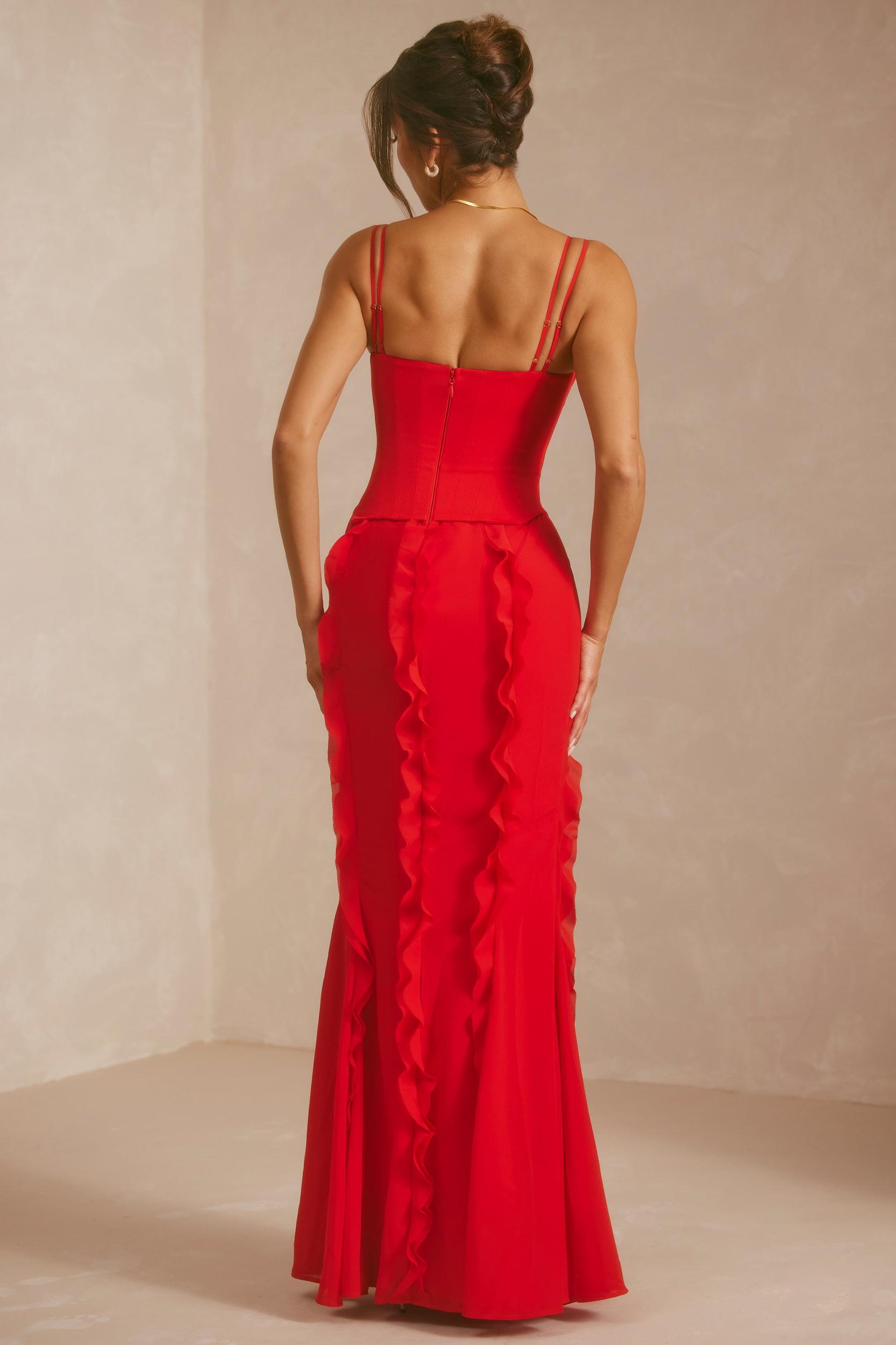 Corset Frill Skirt Maxi Dress in Scarlet Red Product Image