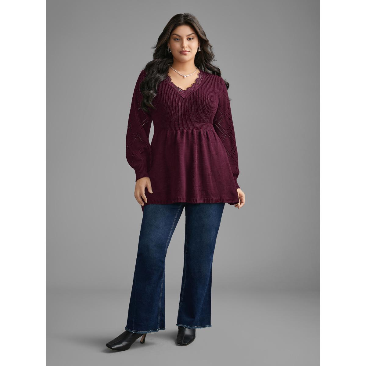 Plus Size V Neck Lace Panel Lantern Sleeve Pullover Deepred Women Casual Bodycon Long Sleeve V-neck Everyday Pullovers BloomChic 28/5X Product Image