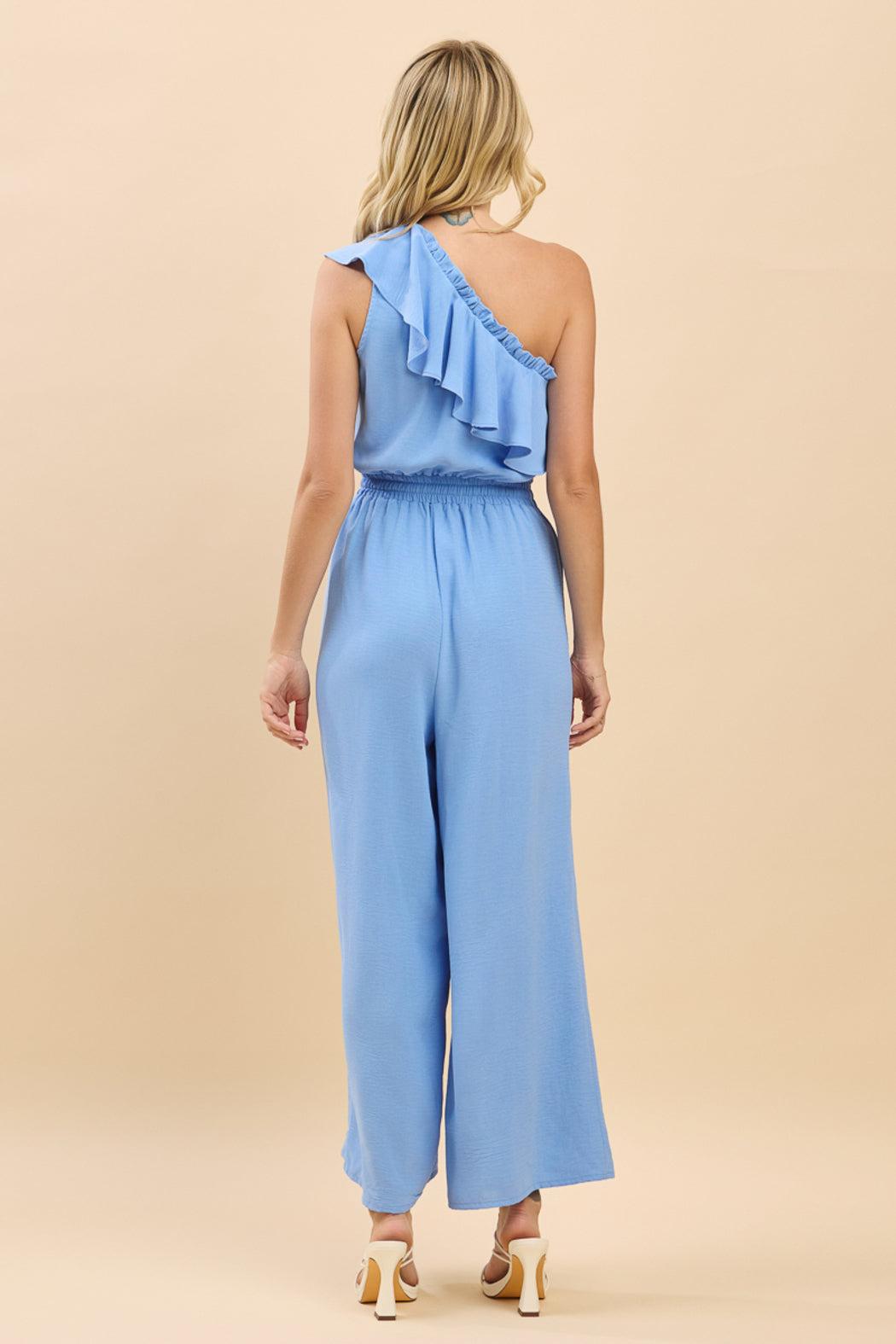 Savanna One-Shoulder Ruffle Wide Leg Jumpsuit Product Image