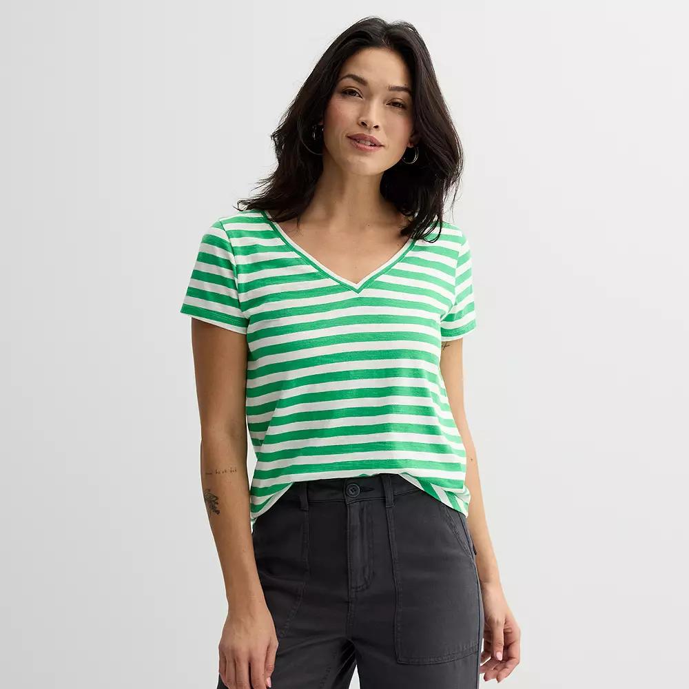 Women's Sonoma Goods For Life® Everyday Short Sleeve V-Neck Tee, Size: XS, Bright Green Stripe Product Image