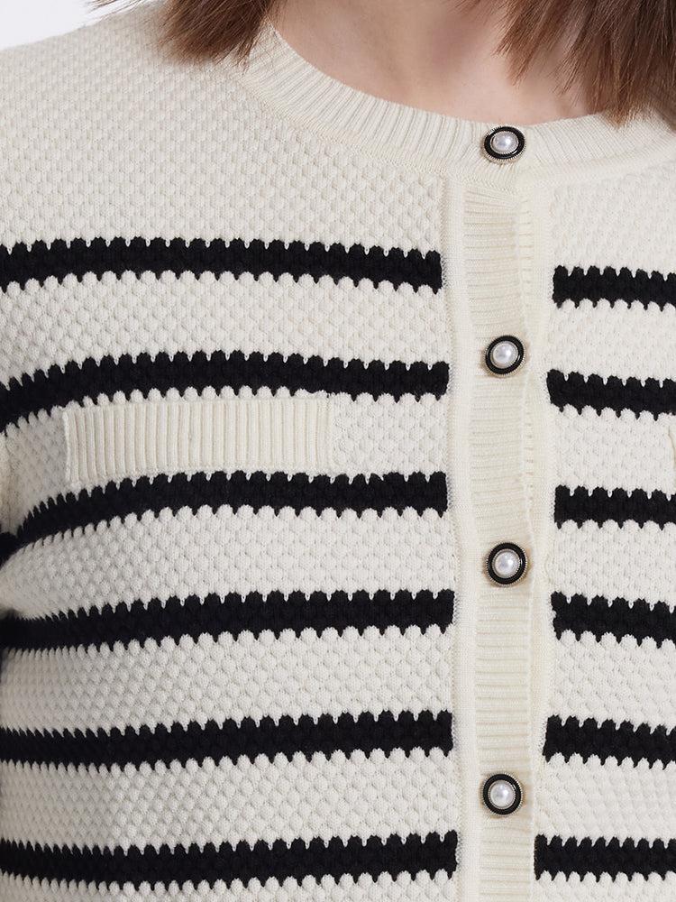 Striped Pearl Button Knitted Women Cardigan Product Image