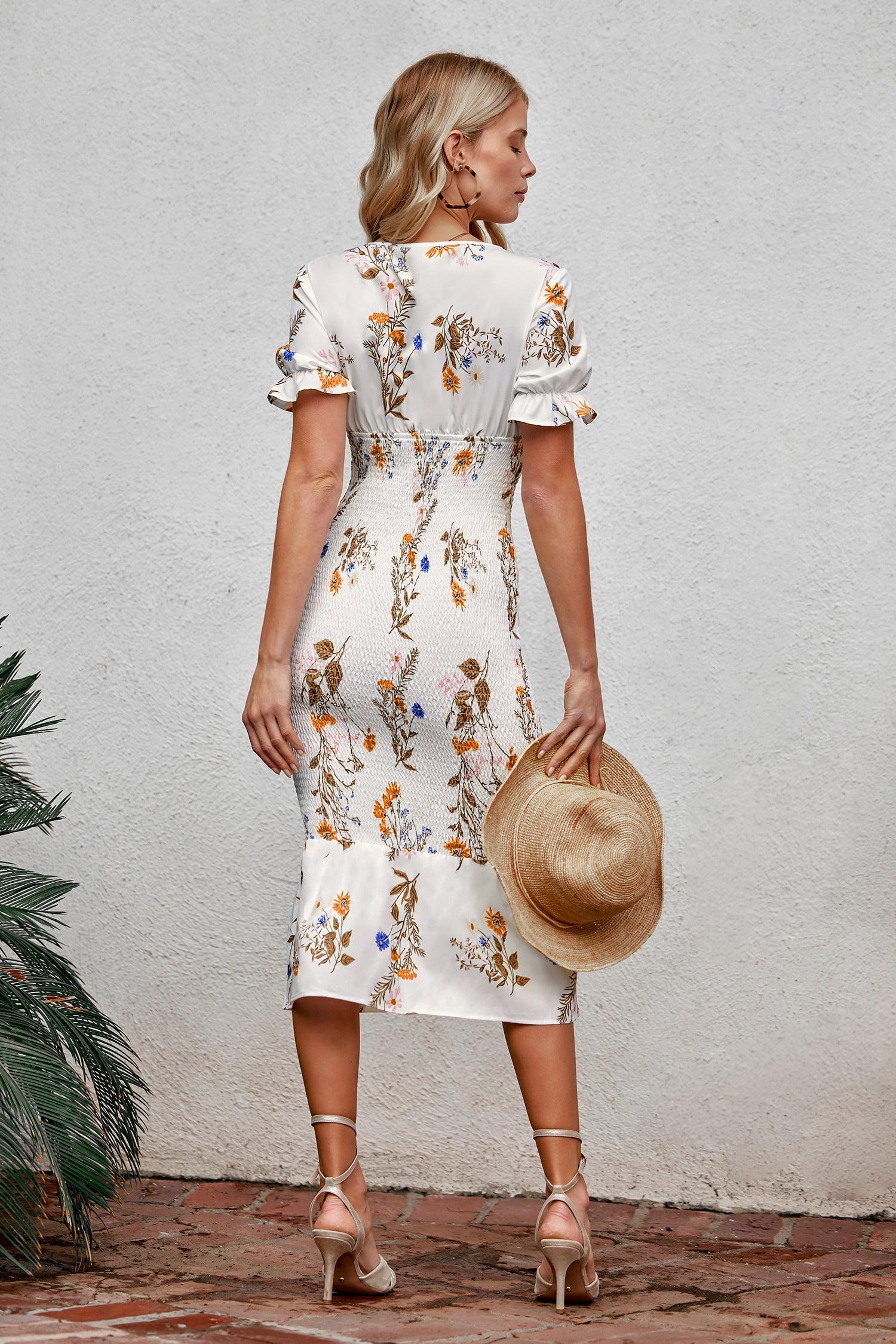 Party Bus Floral Print Smocked Midi Dress Product Image