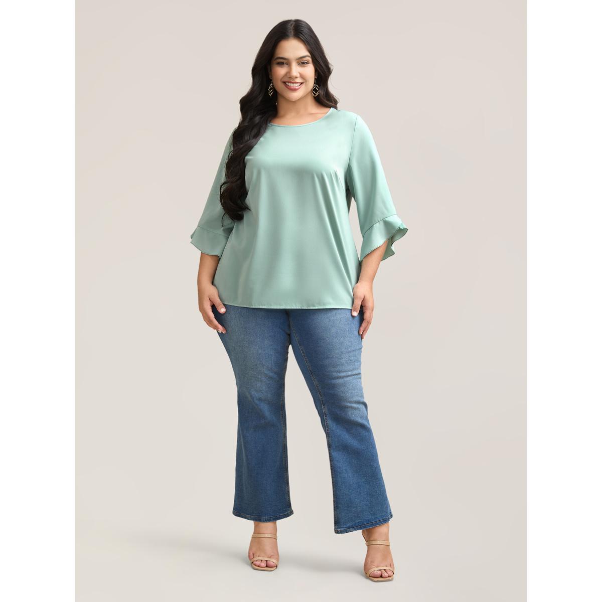 Plus Size Greenbean Lotus Leaf Sleeve Round Neck Shirt Women Elegant Elbow-length sleeve Round Neck Everyday Blouses BloomChic 18-20/2X Product Image