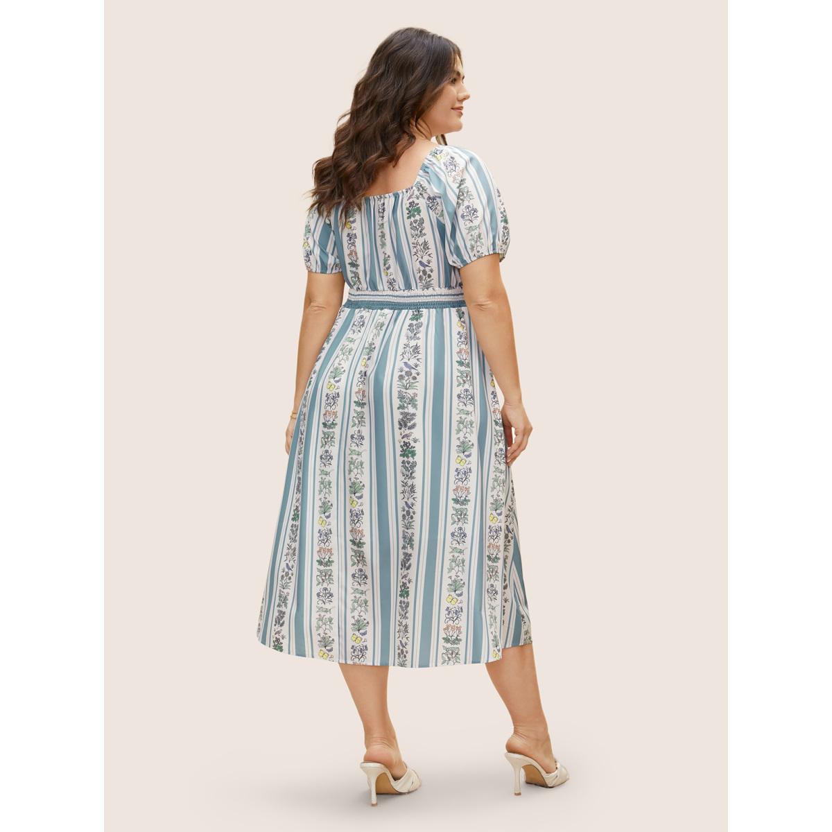 Plus Size Floral Patchwork Striped Shirred Puff Sleeve Dress LightBlue Women Elegant Gathered Heart neckline Short sleeve Curvy BloomChic 26/4X Product Image