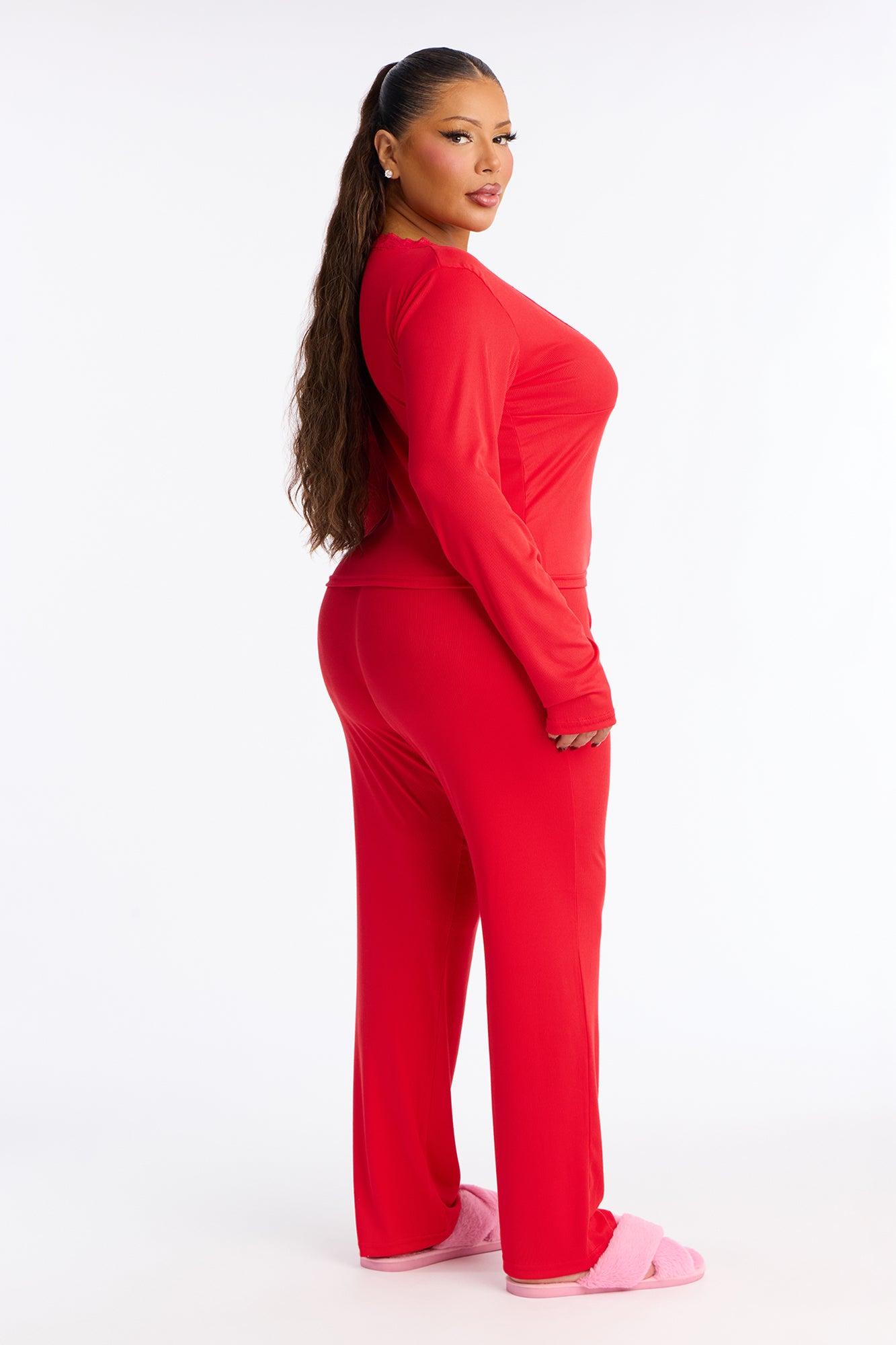 Thinking Of You Ribbed Long Sleeve PJ Pant Set - Red Female Product Image