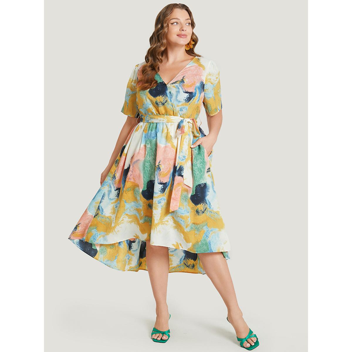 Plus Size Tie Dye Ruffle Pocket Wrap Belted High Low Dress Green Women Elegant Wrap V-neck Short sleeve Curvy Midi Dress BloomChic 18-20/2X Product Image