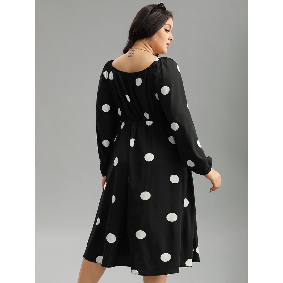 Plus Size Polka Dot Square Neck Gathered Elastic Cuffs Dress Black Women Elegant Elastic cuffs Square Neck Long Sleeve Curvy Midi Dress BloomChic 14-16/1X Product Image
