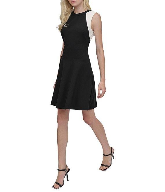 DKNY by Donna Karan Scuba Crepe Colorblock Crew Neck Sleeveless Fit and Flare Dress Product Image