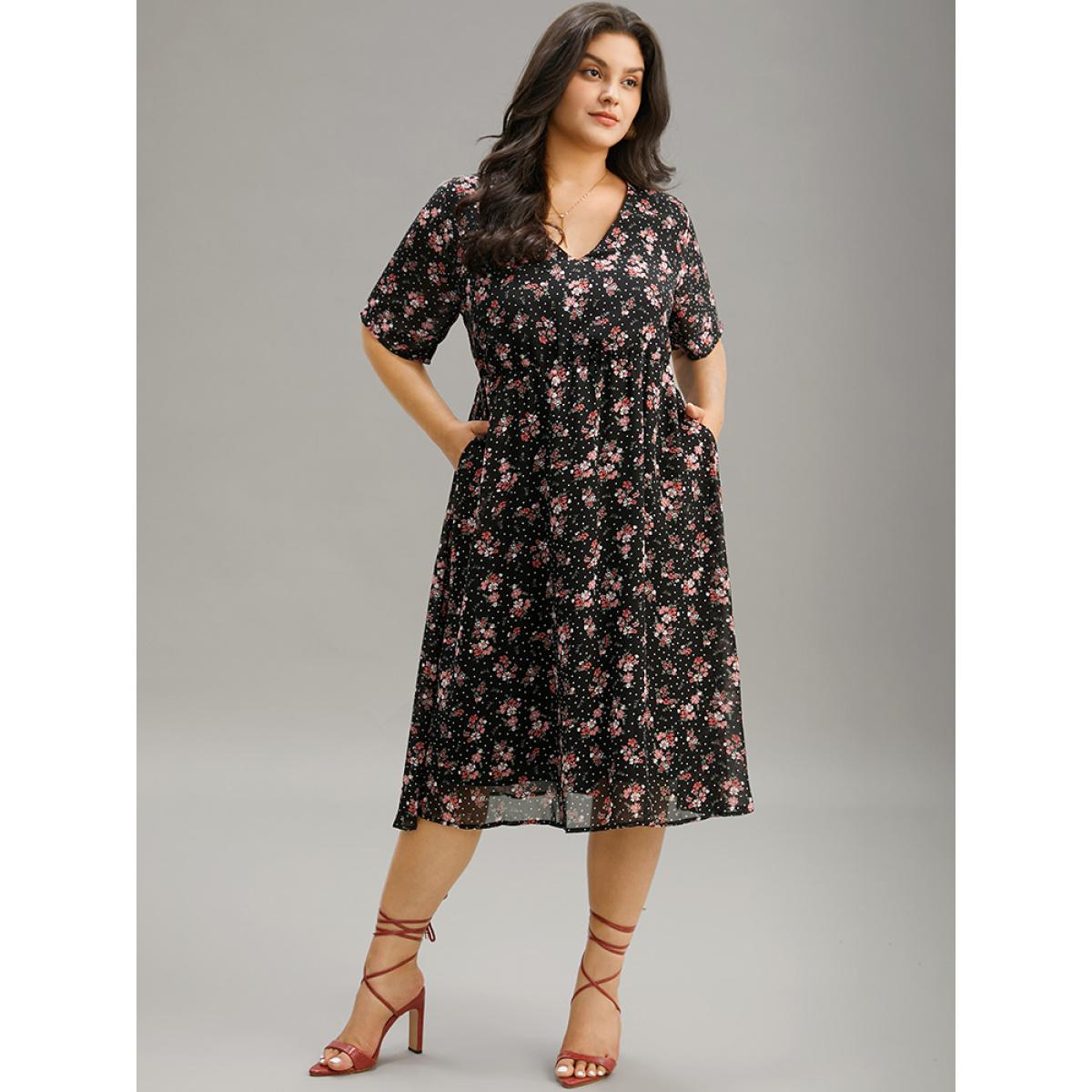 Plus Size Polka Dot & Floral Print Pocket V Neck Dress Black Women Elegant Lined V-neck Short sleeve Curvy Midi Dress BloomChic 28/5X Product Image