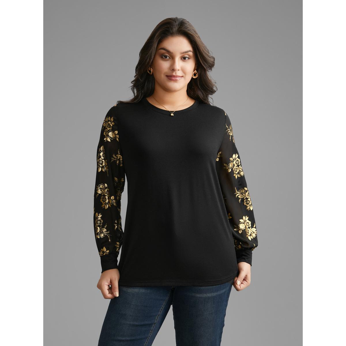 Plus Size Glitter Floral Patchwork Mesh T-shirt Black Women Elegant Contrast Natural Flowers Round Neck Everyday T-shirts BloomChic 30/6X Product Image