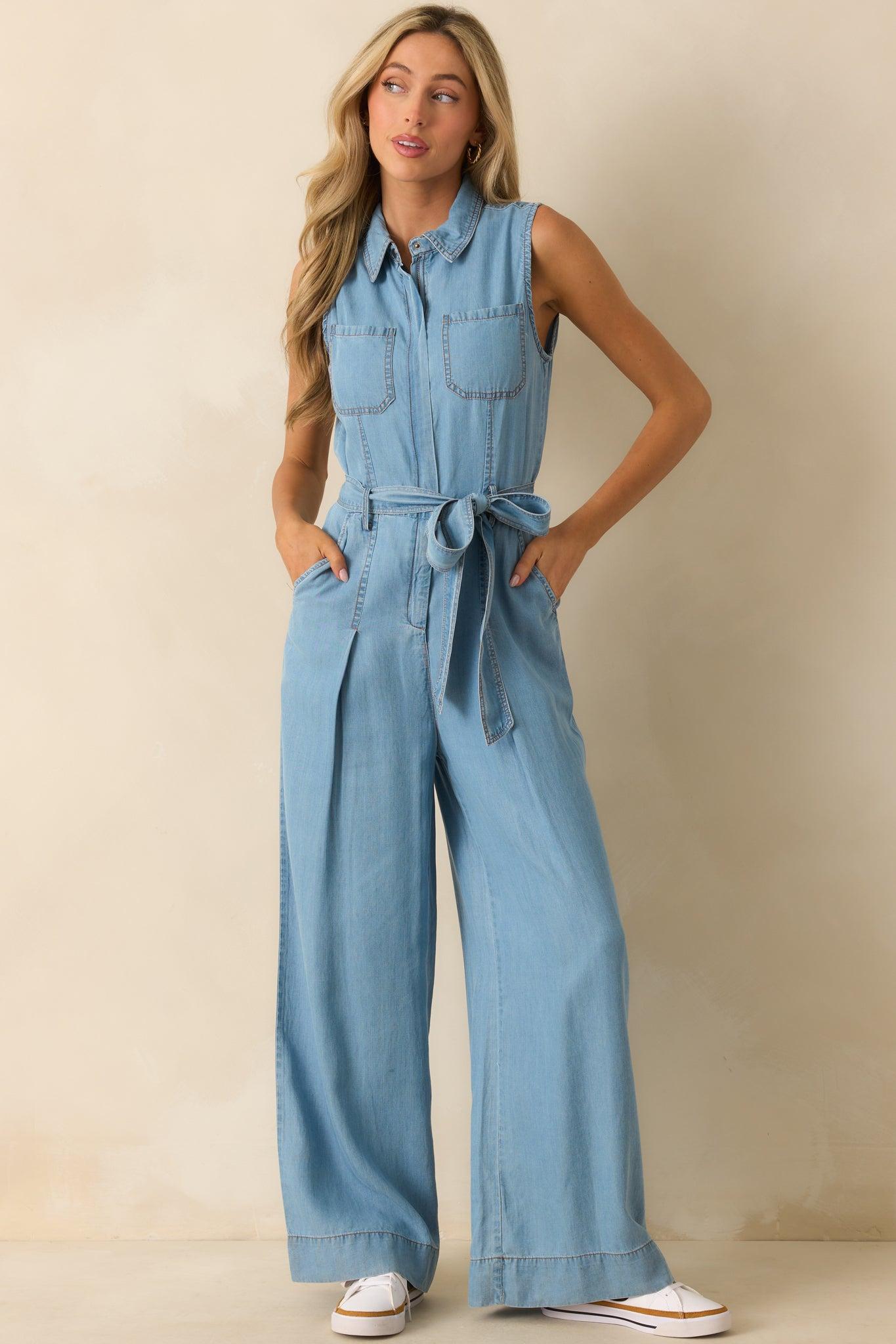 Best Foot Forward Blue Chambray Sleeveless Jumpsuit Product Image