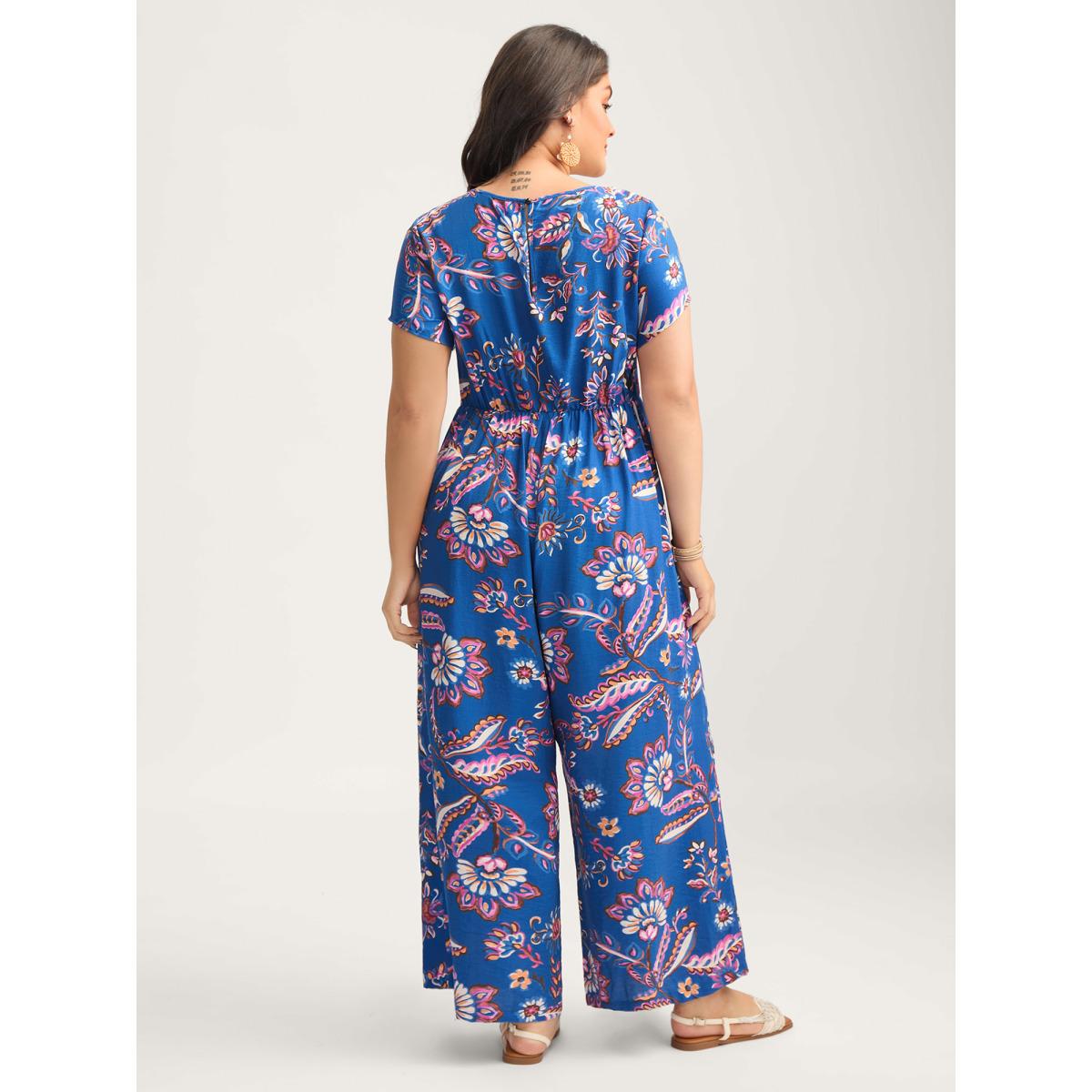 Plus Size DarkBlue Floral Shirred Bodice Pockets Jumpsuit Women Boho Cap Sleeve Round Neck Vacation Loose Jumpsuits BloomChic 22-24/3X Product Image
