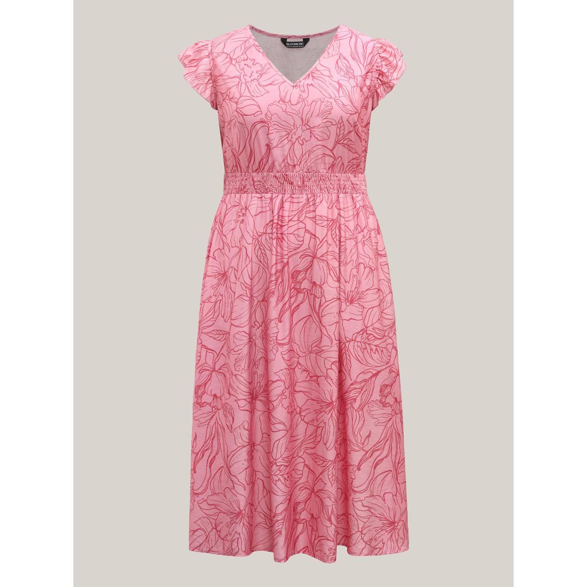 Plus Size Floral Lines Cinched-Waist Pockets Midi Dress Blush Women V-neck Cap Sleeve Curvy BloomChic 14-16/1X Product Image