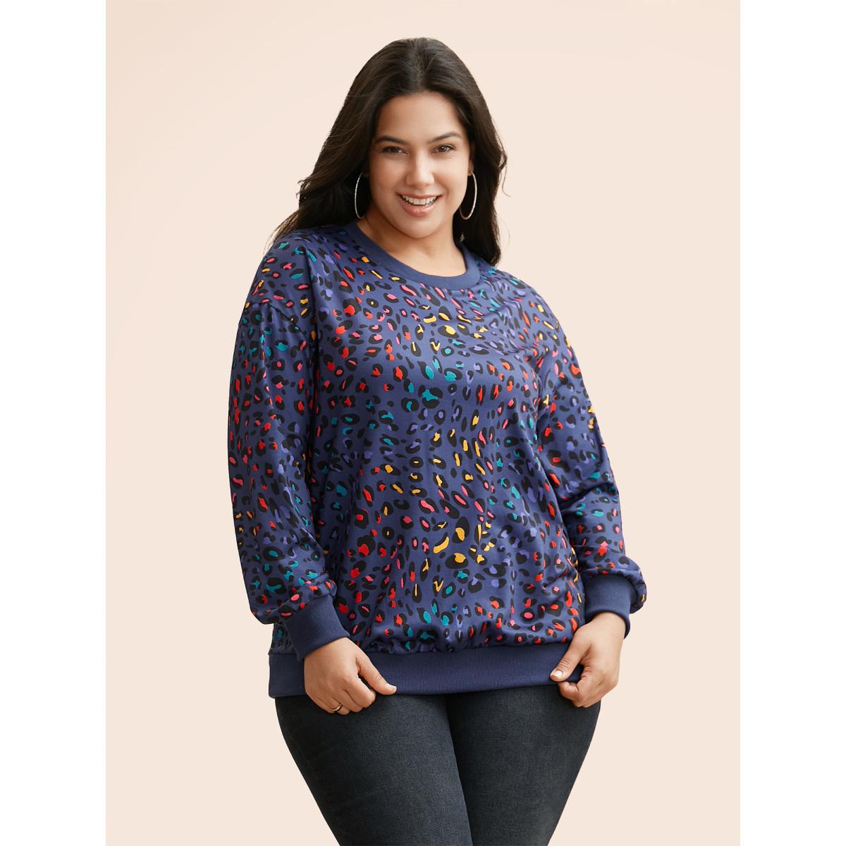Plus Size Round Neck Color Leopard Print Sweatshirt Women Indigo Casual Contrast Round Neck Everyday Sweatshirts BloomChic 14-16/1X Product Image