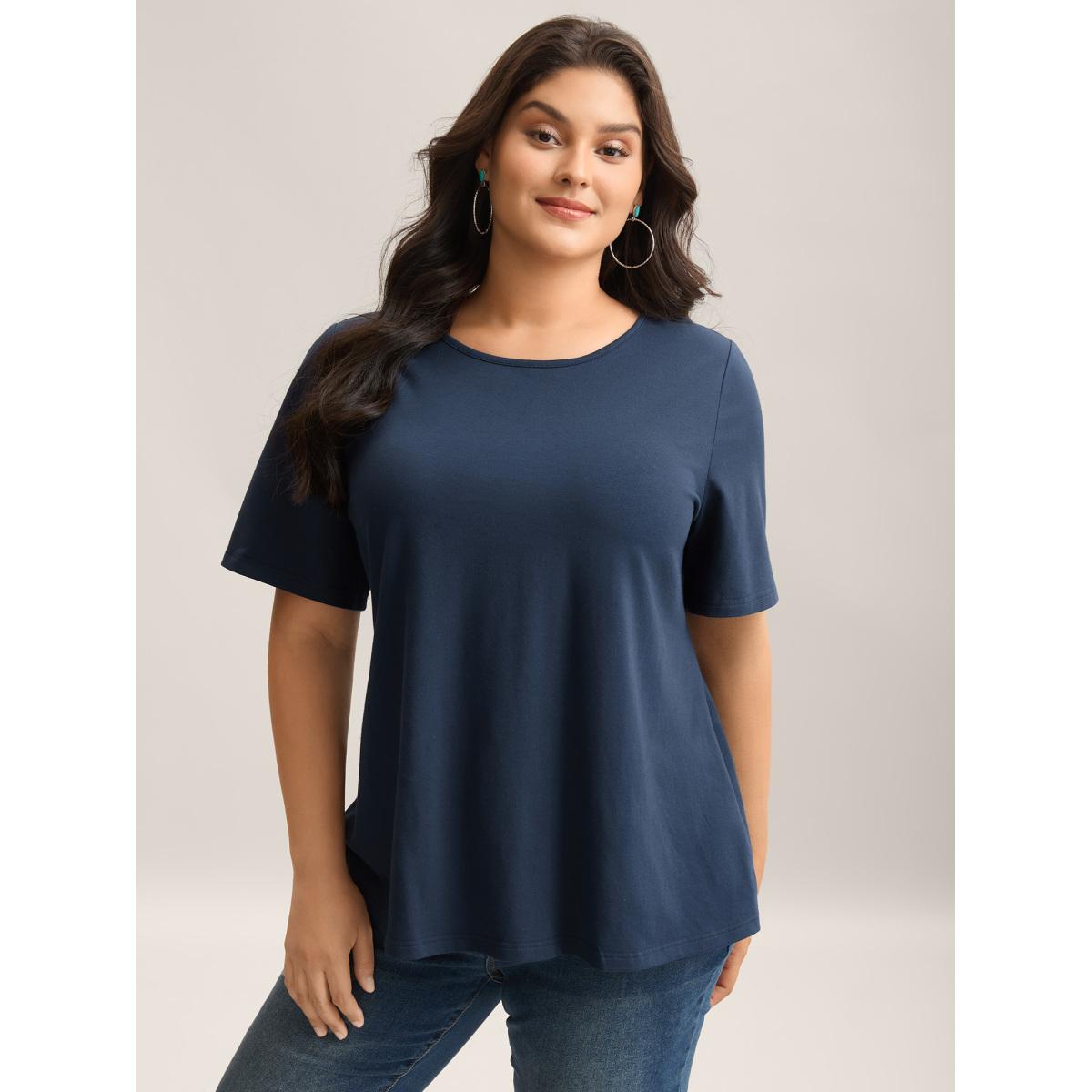 Plus Size Pure Cotton Knotted Backless T-Shirt Midnight Women Leisure Twist Round Neck Vacation T-shirts BloomChic 26/4X Product Image