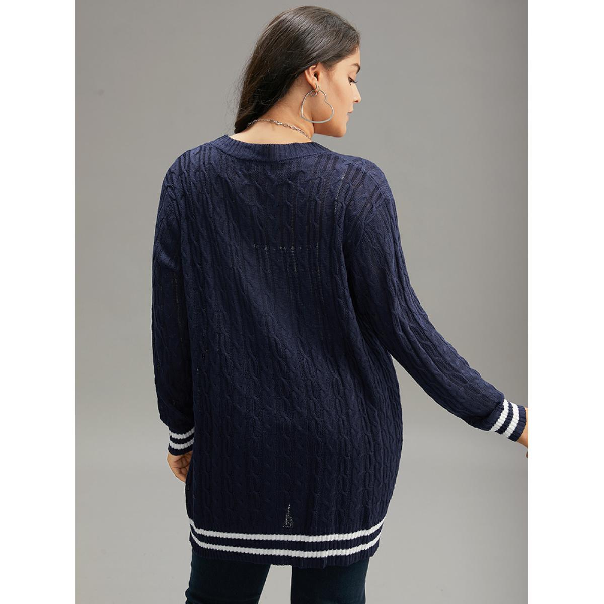 Plus Size Cable Knit Striped Patchwork Button Through Cardigan Indigo Women Casual Loose Long Sleeve Dailywear Cardigans BloomChic 30/6X Product Image