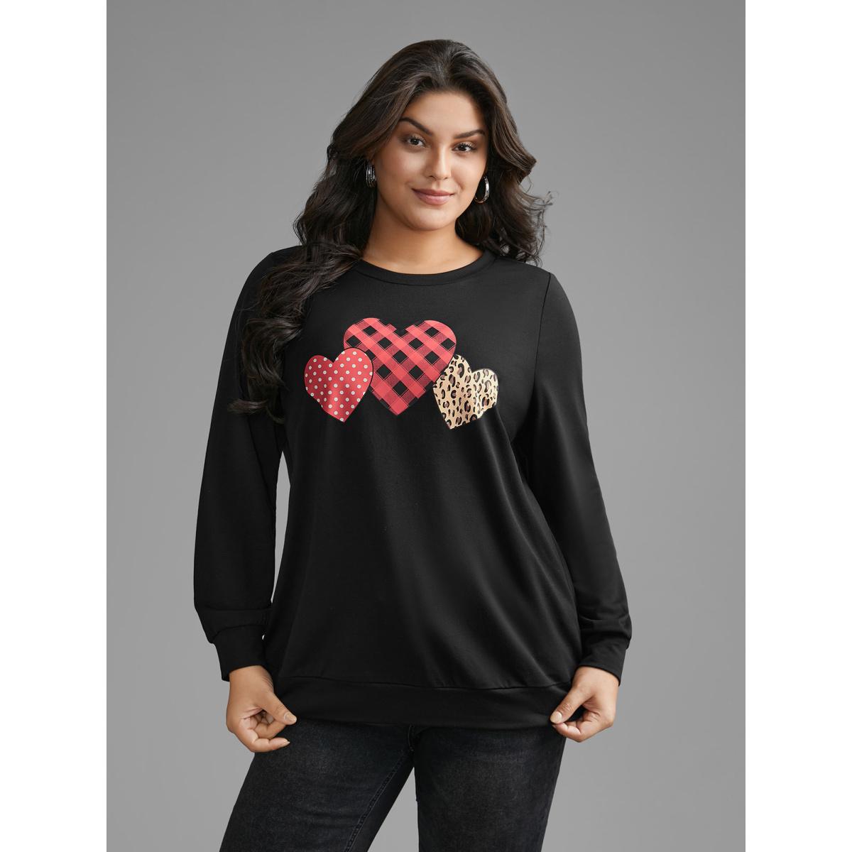 Plus Size Crew Neck Heart Print Sweatshirt Women Black Casual Non Round Neck Everyday Sweatshirts BloomChic 14-16/1X Product Image
