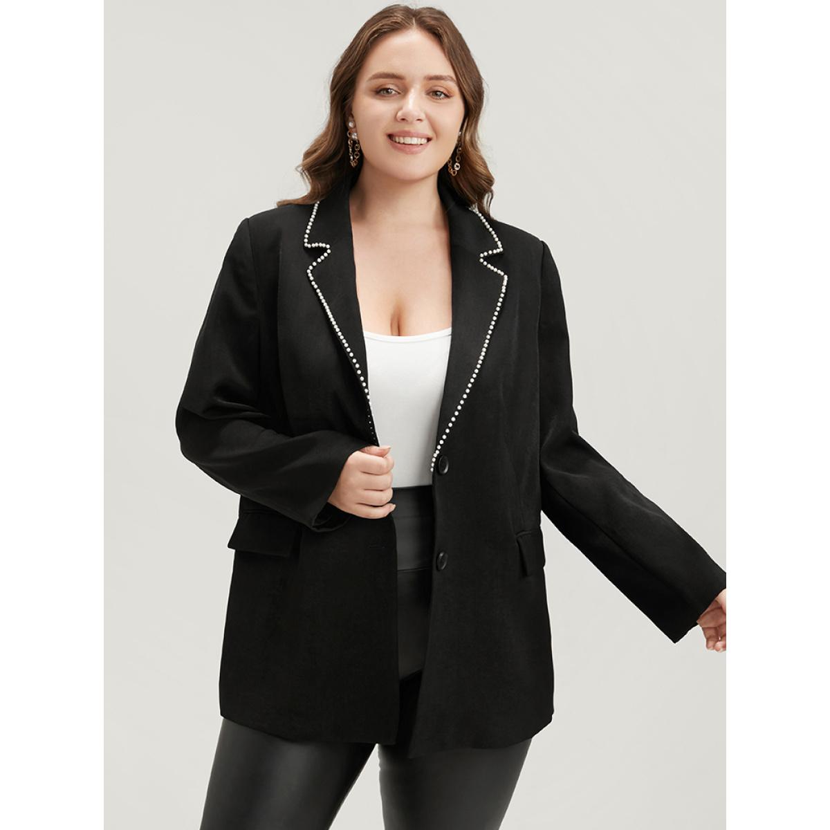Plus Size Solid Beaded Button Up Flap Pocket Blazer Black Women Office Plain Beaded Sleeve Long Sleeve Suit Collar 10/M Pocket Office Blazers BloomChic Product Image