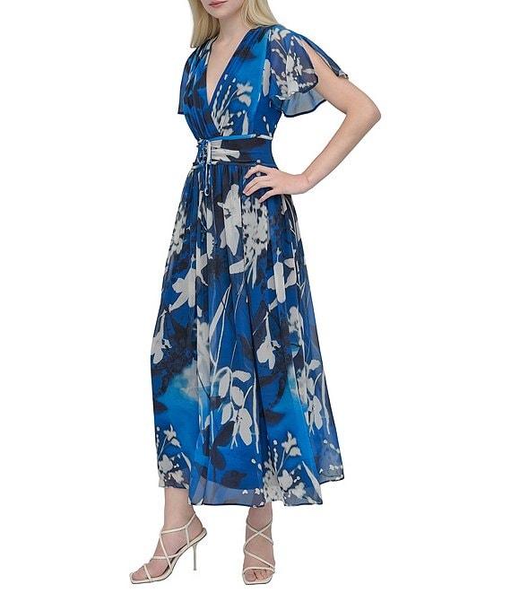 DKNY by Donna Karan Chiffon Floral Print V Neck Short Sleeve Sheath Maxi Dress Product Image