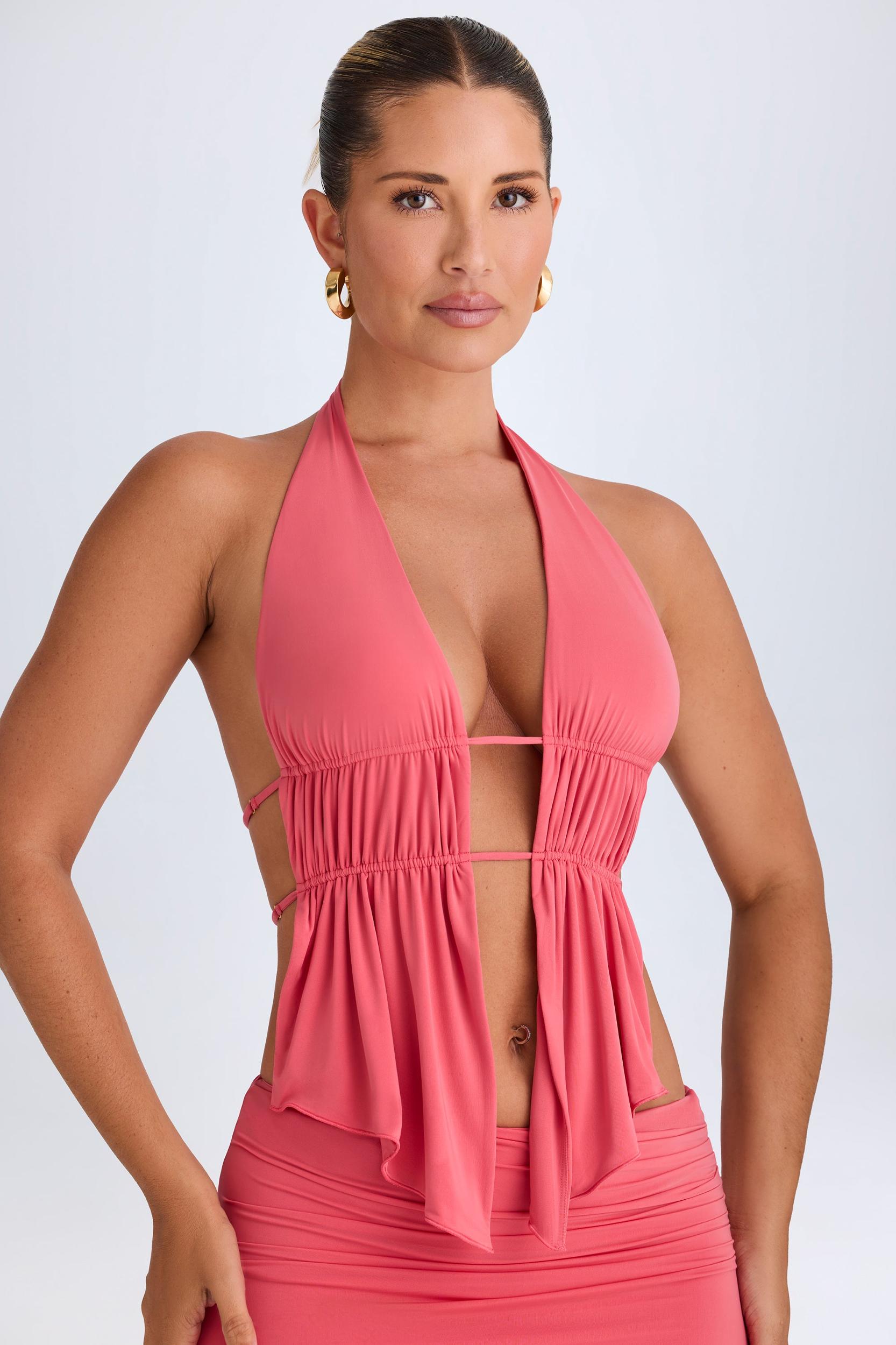 Cut-Out Ruched Halterneck Crop Top in Coral Product Image