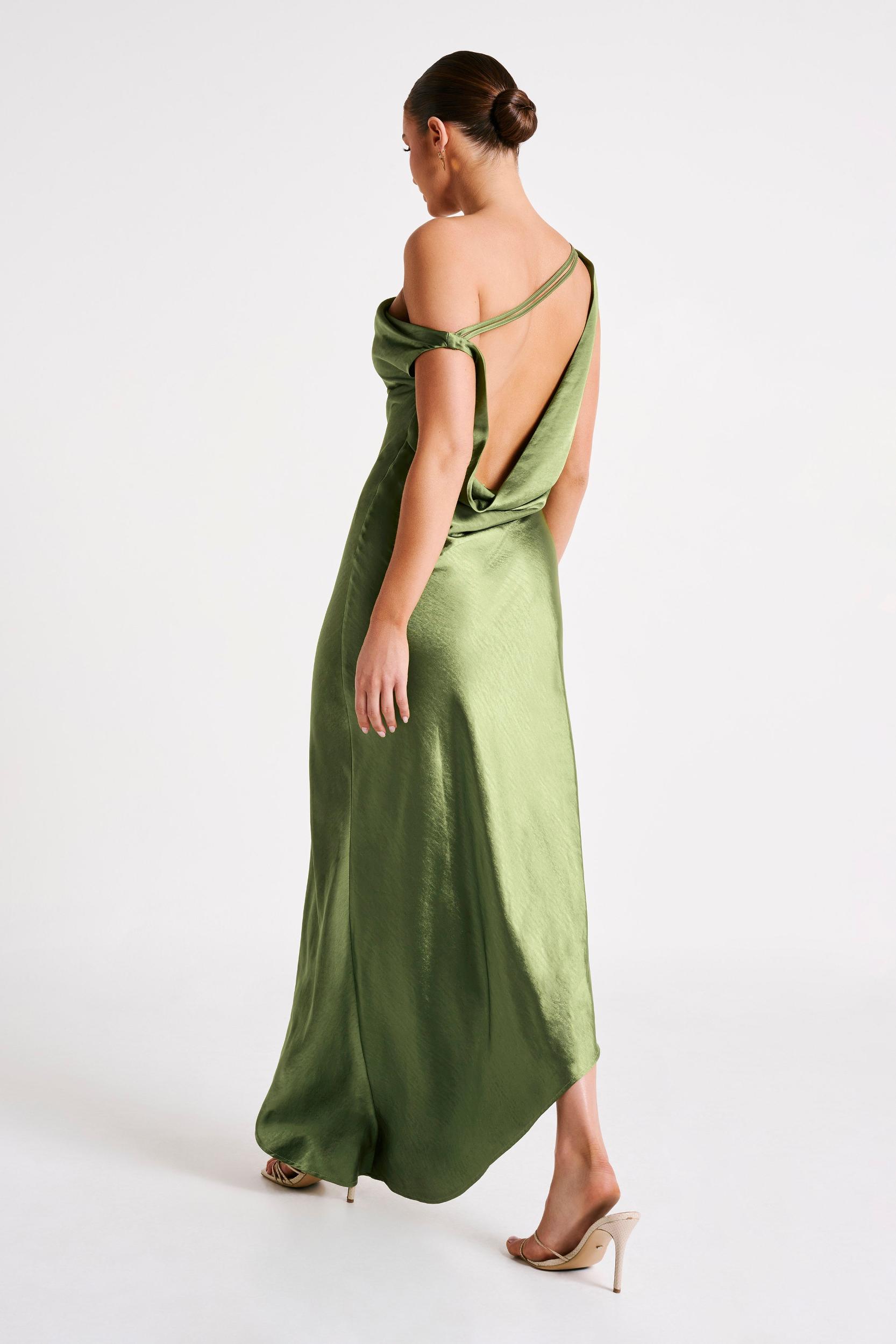 Yvette Slip Maxi Dress With Asymmetrical Hem - Emerald Product Image