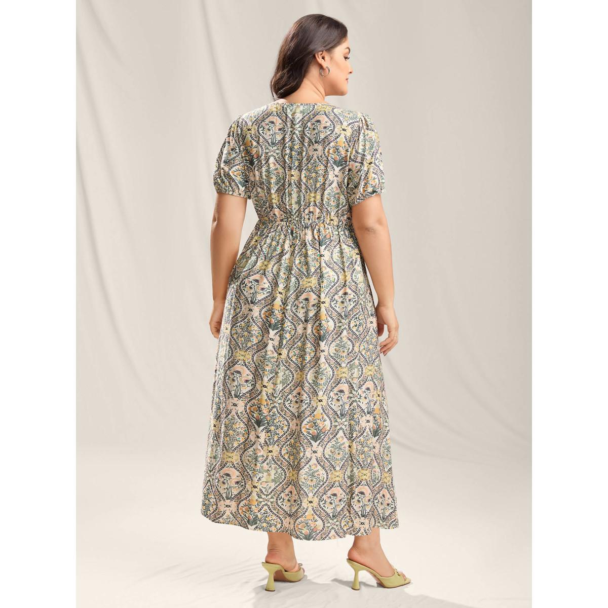 Plus Size Ornate Print Lace Neck Midi Dress Greenbean Women Timeless Notched collar Short sleeve Curvy BloomChic 14-16/1X Product Image