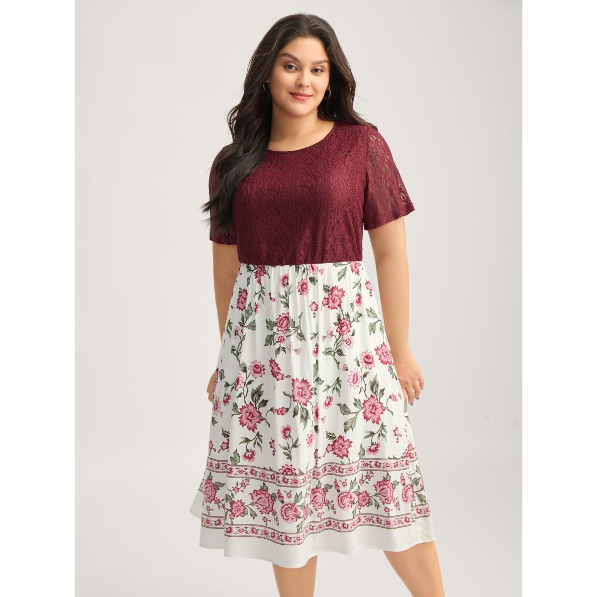 Plus Size Floral Lace Stretchy Waist Contrast Midi Dress Burgundy Women Round Neck Short sleeve Curvy BloomChic 22-24/3X Product Image