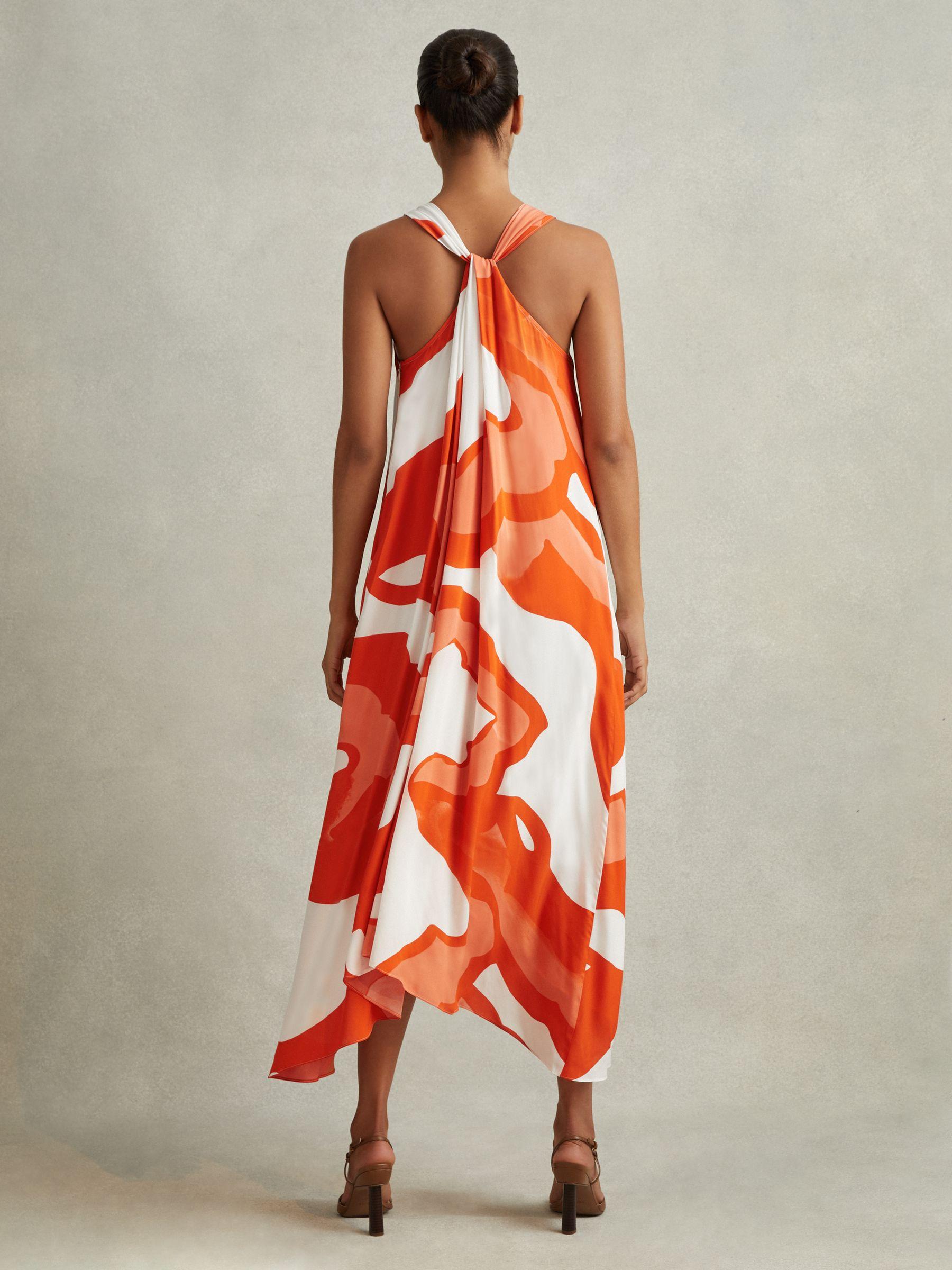 Printed Dipped Hem Midi Dress in Orange/White Product Image