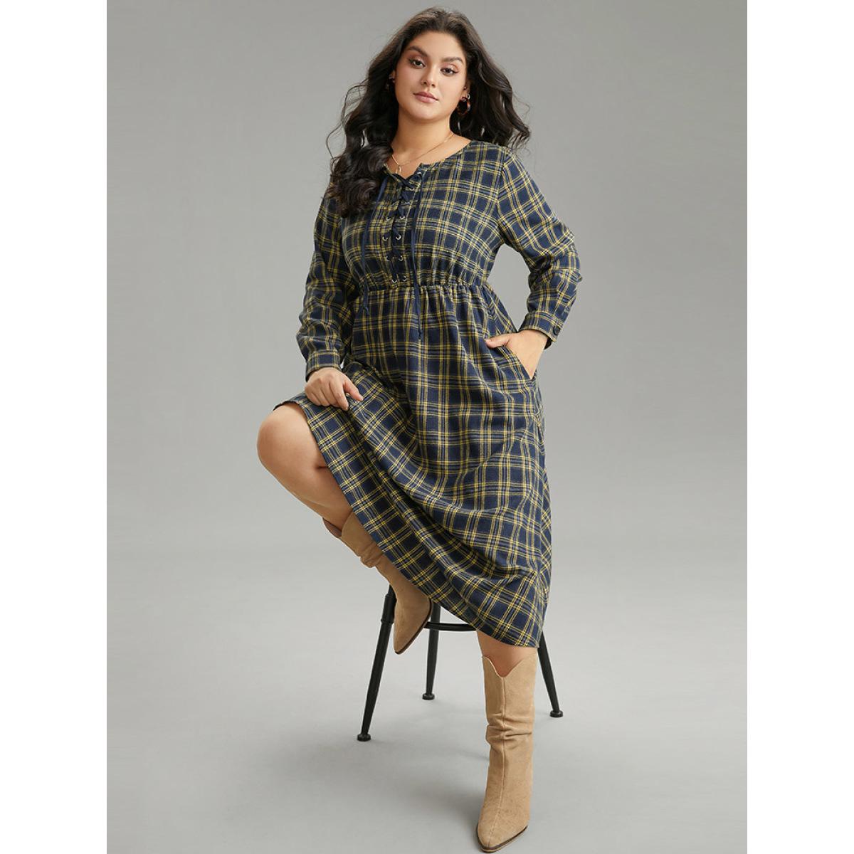Plus Size Plaid Elastic Waist Lace Up Ties Dress Indigo Women Casual Cross straps Tie Neck Long Sleeve Curvy Midi Dress BloomChic 26/4X Product Image