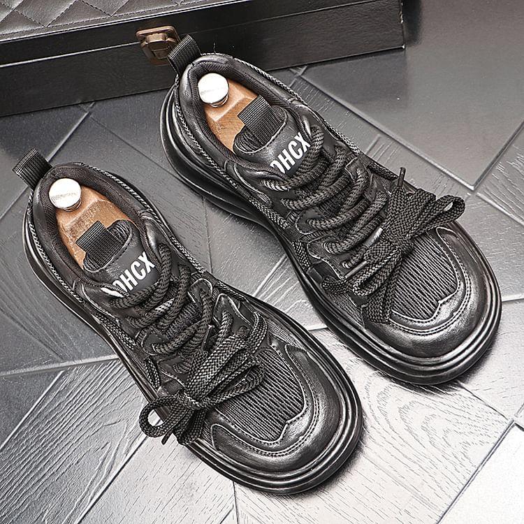 Platform Mesh Panel Lace-Up Faux Leather Sneakers Product Image