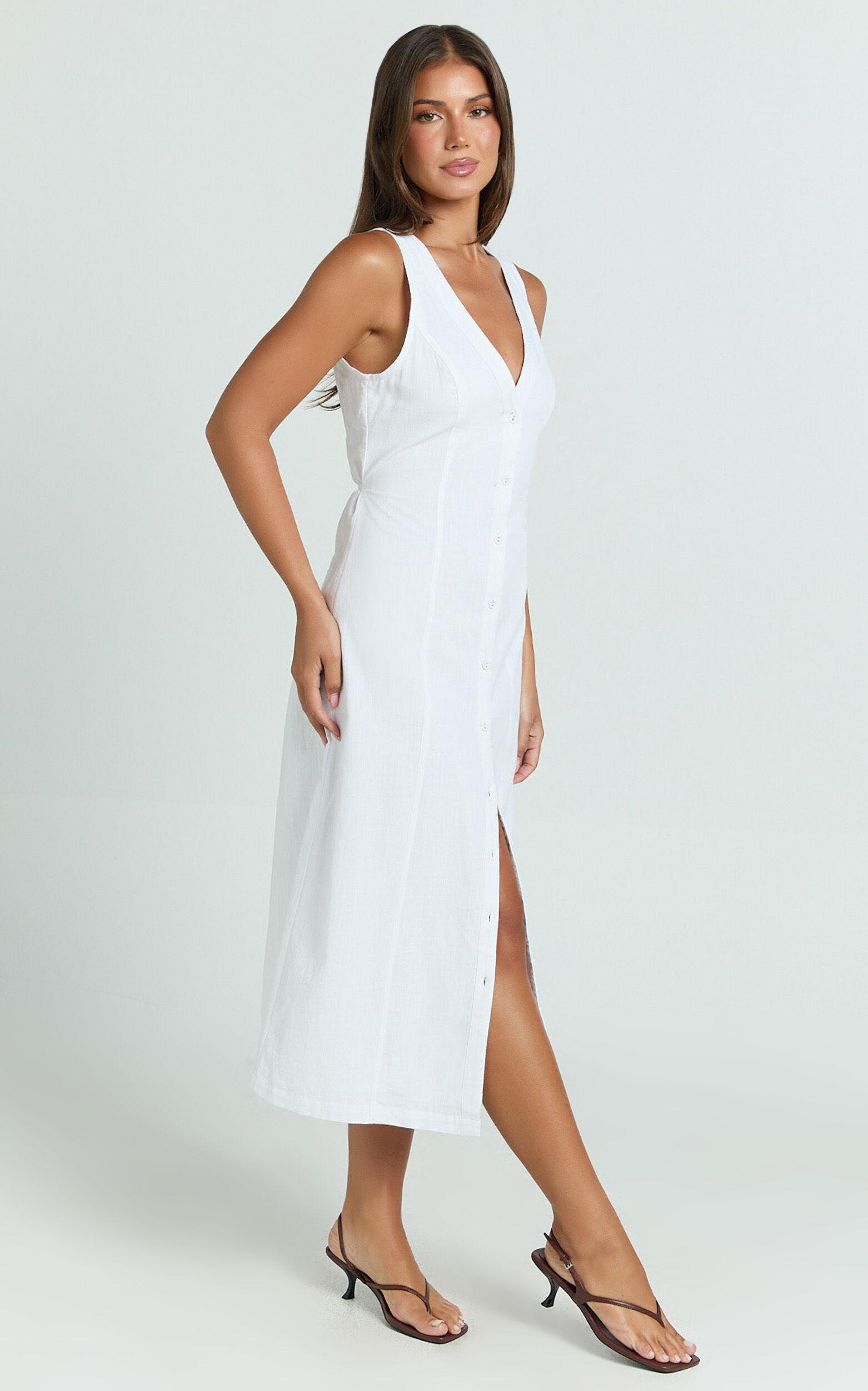 Juliet Midi Dress - Button Through V Neck Dress in White Product Image