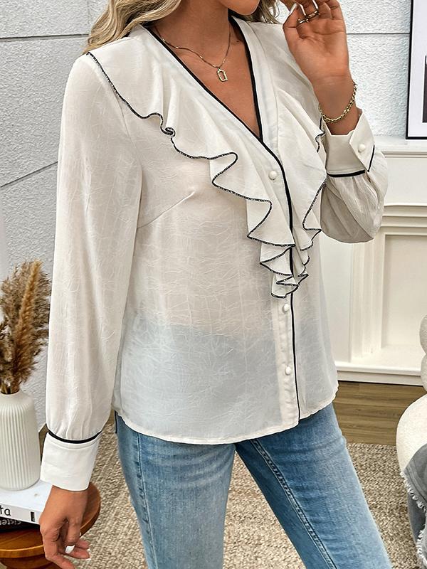Long Sleeves Loose Buttoned Ruffle Trim V-Neck Blouses&Shirts Tops Product Image