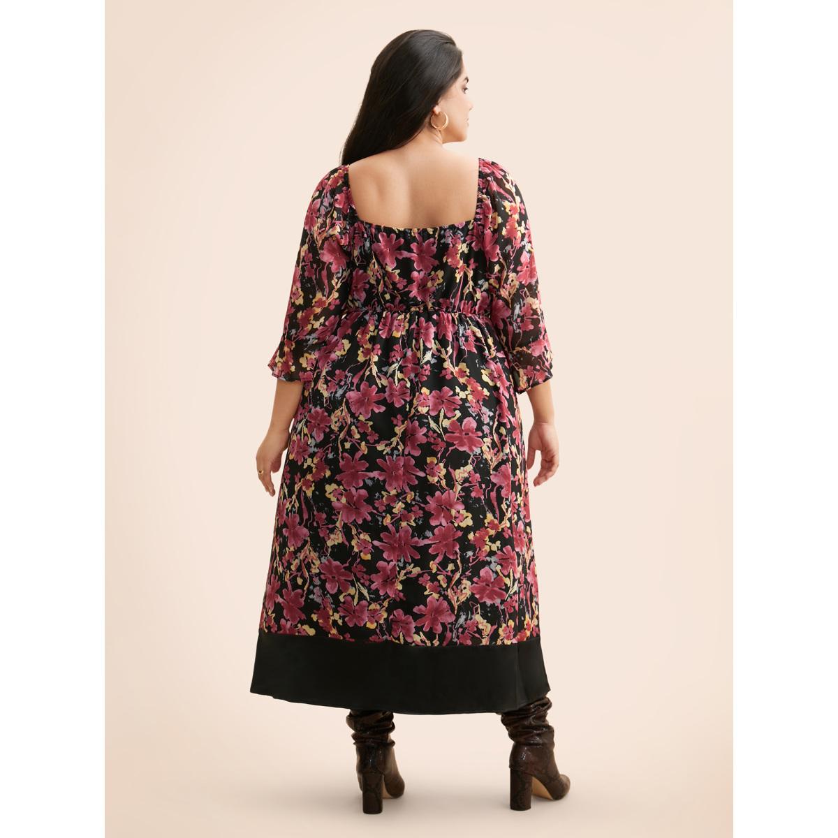 Plus Size Heart Neckline Floral Mesh Patchwork Dress Black Women Elegant See through Heart neckline Elbow-length sleeve Curvy BloomChic 28/5X Product Image
