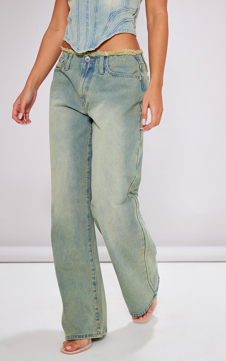 Petite Vintage Wash Fray Waist Low Rise Straight Leg Jeans Product Image