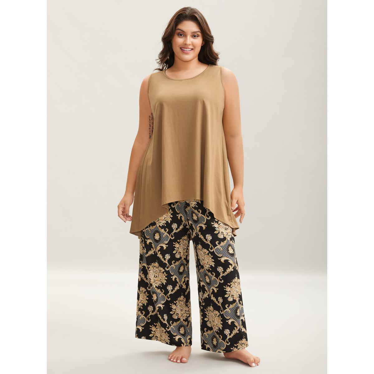 Plus Size Boho Print Color Contrast Loungewear Set Women Tan Non Sleeveless Round Neck Casual Loungewear Sets BloomChic 26/4X Product Image
