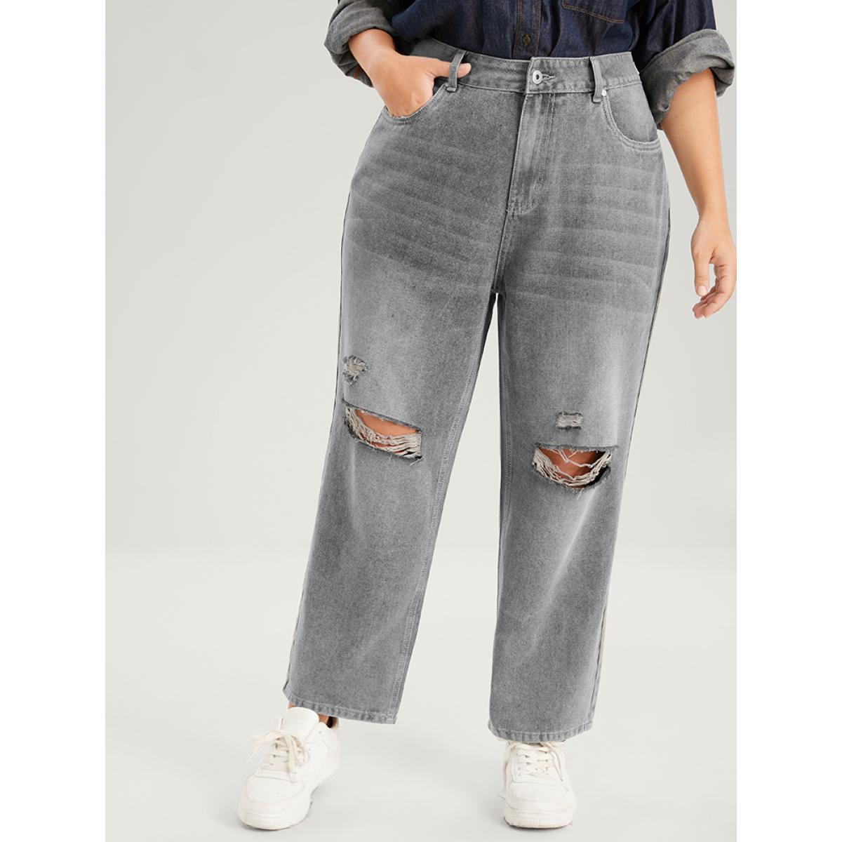 Plus Size Boyfriend Wide Leg Non Stretchy High Rise Medium Wash Jeans Women LightGray Casual Plain No stretch Pocket Jeans BloomChic 24/3X Product Image