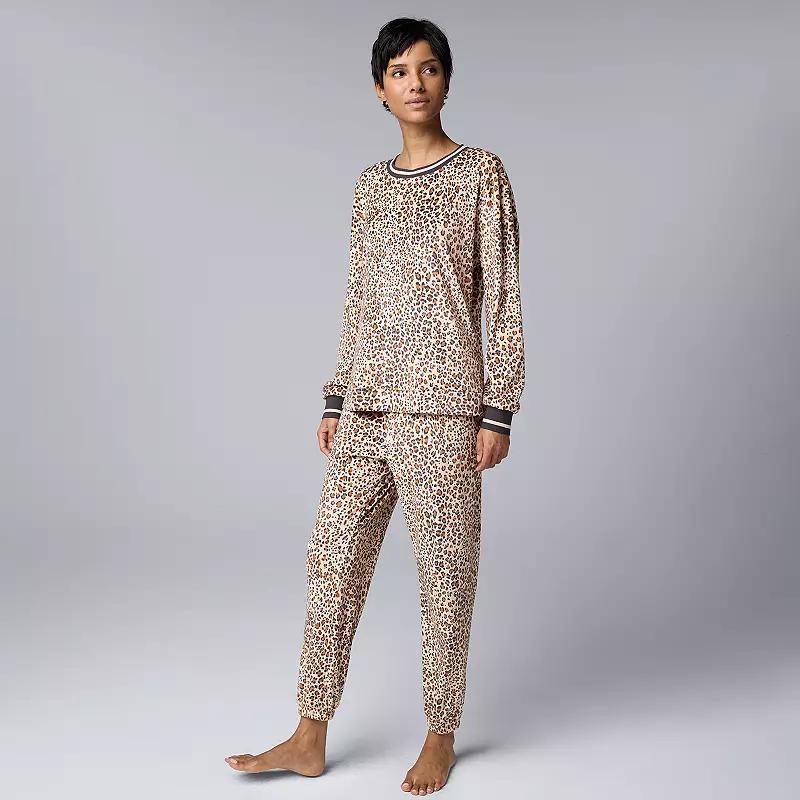 Women's Simply Vera Vera Wang Long Sleeve Pajama Top & Pajama Bottoms Set, Size: XS Long, Natural Animal Product Image