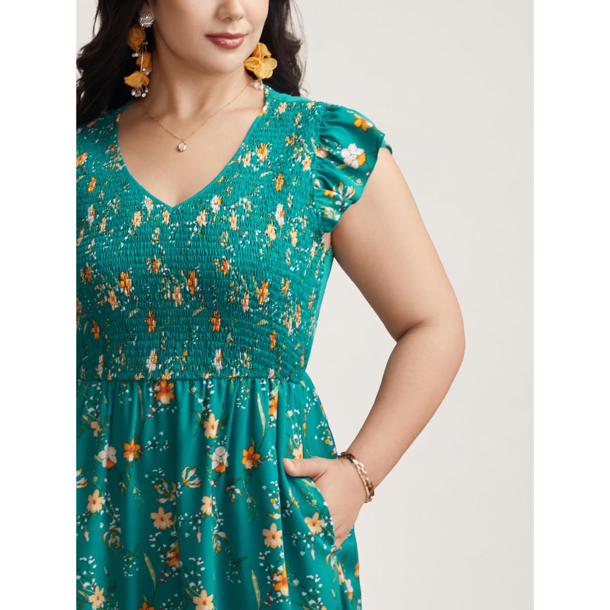 Plus Size Shirred Printed Flutter Sleeve Pockets Maxi Dress Teal Women Timeless Shirred V-neck Cap Sleeve Curvy BloomChic 26/4X Product Image