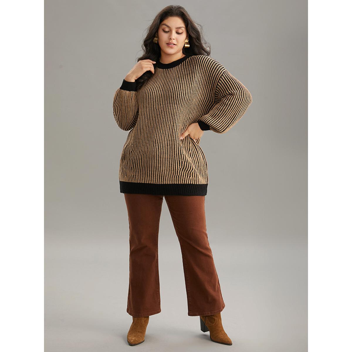 Plus Size Striped Contrast Round Neck Pullover Tan Women Casual Loose Long Sleeve Round Neck Dailywear Pullovers BloomChic 14-16/1X Product Image