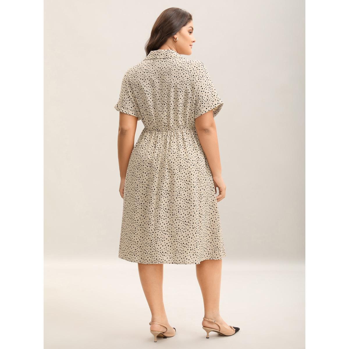 Plus Size Polka Dot Print Shirt Collar Midi Dress Champagne Women Button Shirt collar Short sleeve Curvy BloomChic 22-24/3X Product Image