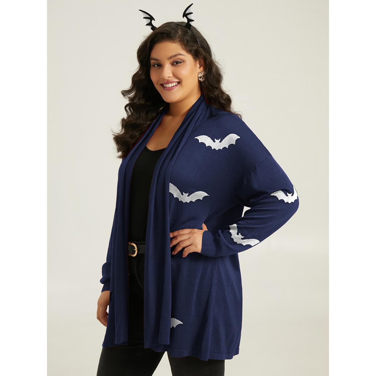 Plus Size Supersoft Essentials Halloween Bat Pattern Lapel Collar Cardigan Indigo Women Playful Loose Long Sleeve Casual Cardigans BloomChic 18-20/2X Product Image
