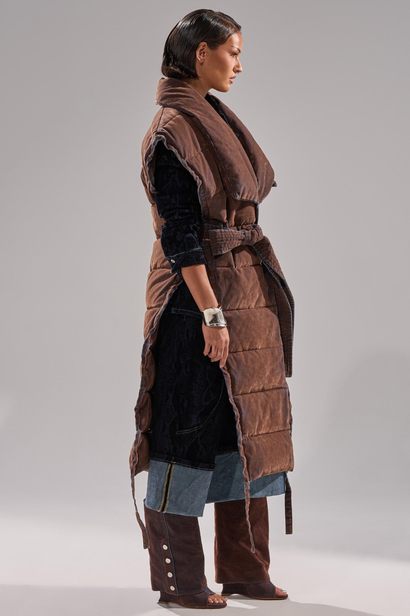 PILOT JONES LONGLINE PUFFER VEST IN VELVET DENIM Product Image
